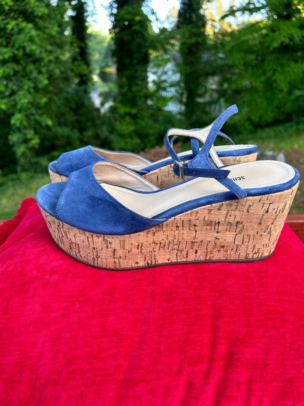 SCHUTZ Blue Suede Cork Platform Wedge Sandals